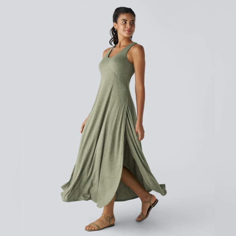 Halara U Neck Backless Split Flowy Maxi Casual Tank Dress